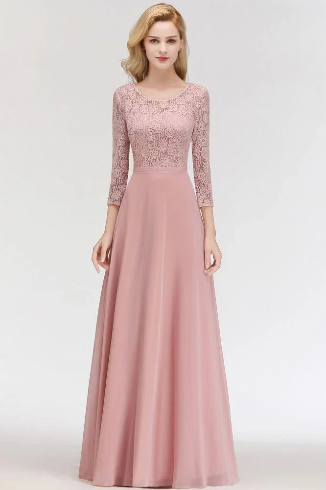 فساتين وصيفات العروس بطول الأرض بتصميم على شكل حرف A من الشيفون والدانتيل بأكمام