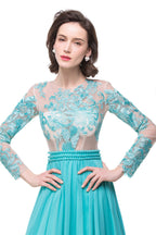 A-line Floor-length Long-Sleeve Crew Sash Formal Dresses