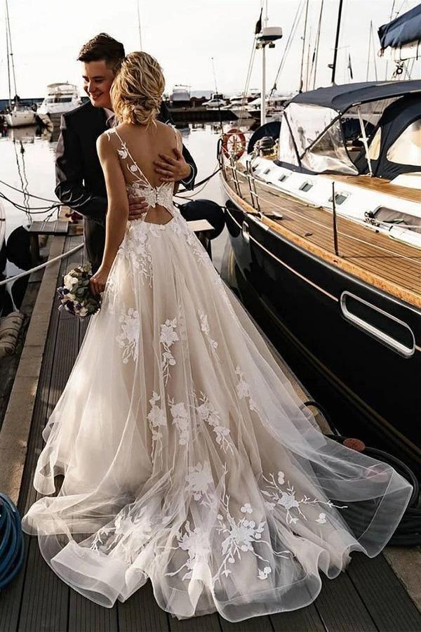 Abito da sposa da spiaggia con applicazioni floreali a linea ad A, abito da sposa senza schienale