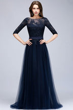 A-line Half Sleeves Floor Length Slit Appliqued Tulle Prom Dresses with Sash
