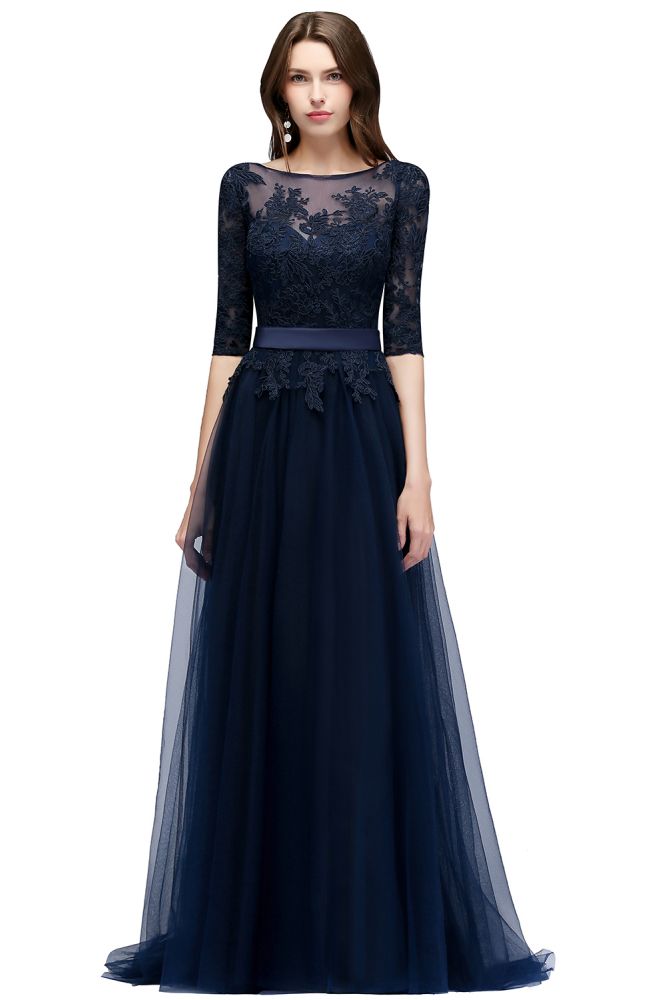 A-line Half Sleeves Floor Length Slit Appliqued Tulle Prom Dresses with Sash