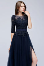 A-line Half Sleeves Floor Length Slit Appliqued Tulle Prom Dresses with Sash