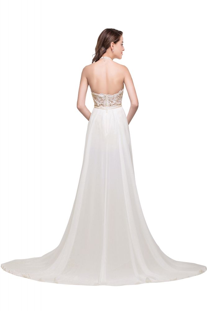 Abito da sera a linea ad A in chiffon con collo all'americana e pizzo