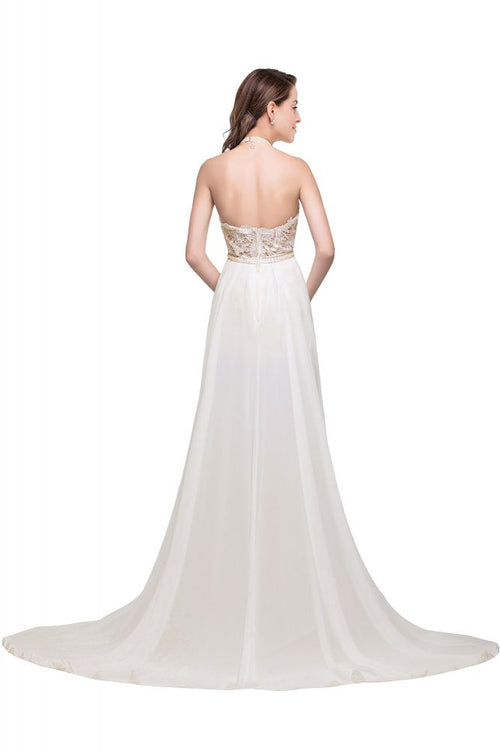 Abito da sera a linea ad A in chiffon con collo all'americana e pizzo
