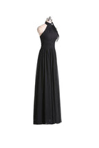 Vestido de Dama de Honra Preto em Chiffon, Comprimento ao Chão, Corte em A, com Alças ao Pescoço e Pregas BD019