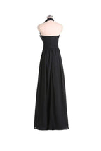 Vestido de Dama de Honra Preto em Chiffon, Comprimento ao Chão, Corte em A, com Alças ao Pescoço e Pregas BD019