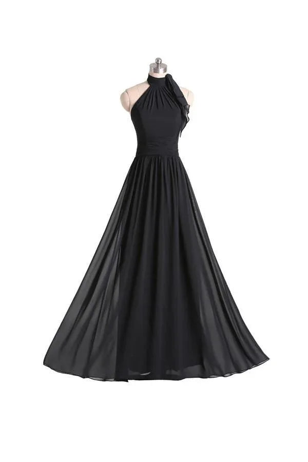 Vestido de Dama de Honra Preto em Chiffon, Comprimento ao Chão, Corte em A, com Alças ao Pescoço e Pregas BD019