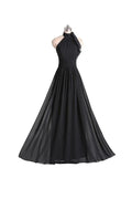Vestido de Dama de Honra Preto em Chiffon, Comprimento ao Chão, Corte em A, com Alças ao Pescoço e Pregas BD019