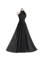 Vestido de Dama de Honra Preto em Chiffon, Comprimento ao Chão, Corte em A, com Alças ao Pescoço e Pregas BD019