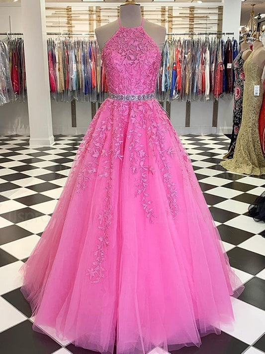Vestidos de fiesta largos de tul con encaje y cuello halter, corte A y cinturón, vestidos de noche formales