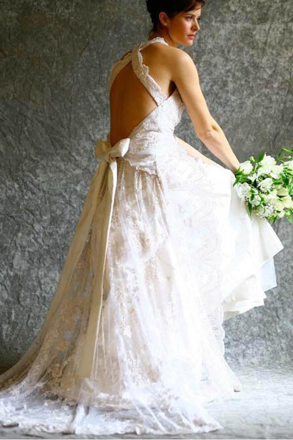 A-line Halter Neck Backless Bow Lace Wedding Dress with Court Train
