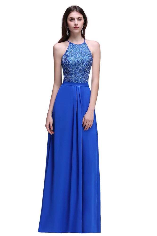 Abito da sera a linea ad A con collo all'americana in chiffon blu reale con paillettes