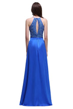 Abito da sera a linea ad A con collo all'americana in chiffon blu reale con paillettes