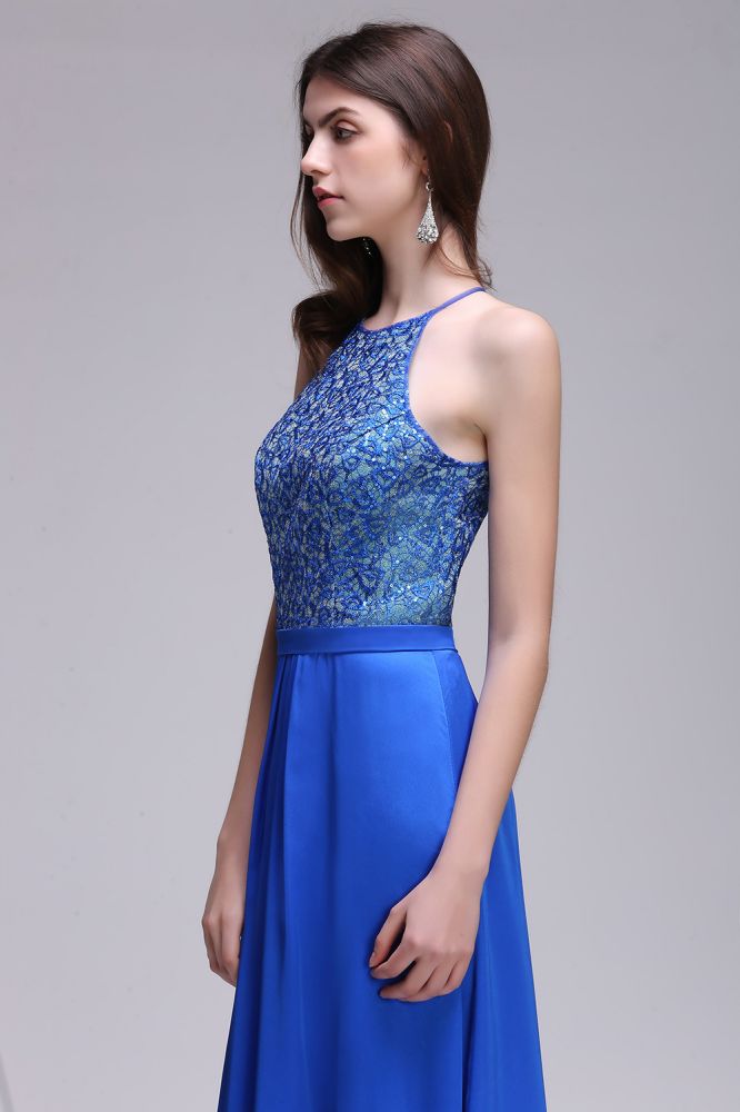 Abito da sera a linea ad A con collo all'americana in chiffon blu reale con paillettes
