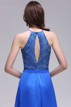 Abito da sera a linea ad A con collo all'americana in chiffon blu reale con paillettes