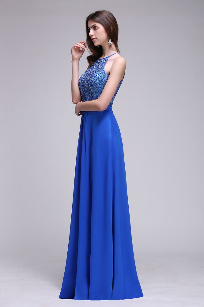 Abito da sera a linea ad A con collo all'americana in chiffon blu reale con paillettes
