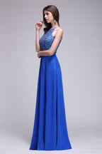 Abito da sera a linea ad A con collo all'americana in chiffon blu reale con paillettes