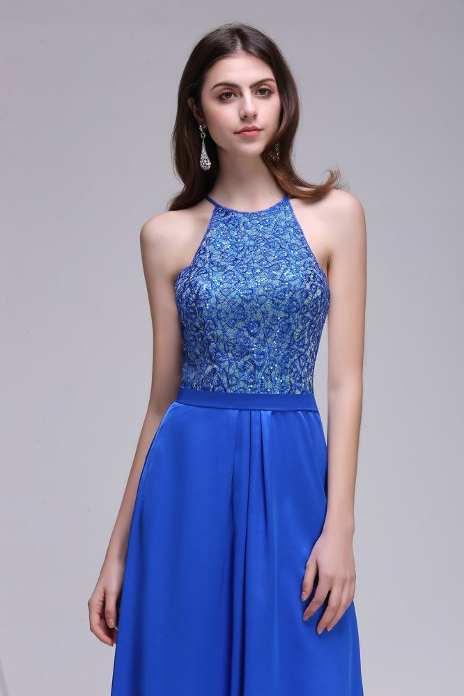 Abito da sera a linea ad A con collo all'americana in chiffon blu reale con paillettes