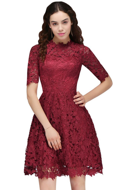Abito corto a linea ad A con pizzo e collo all'americana color bordeaux per serate di gala