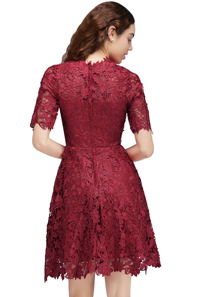 A-Line Halter Short Lace Burgundy Homecoming Dresses