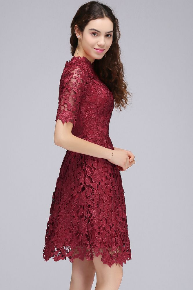 A-Line Halter Short Lace Burgundy Homecoming Dresses