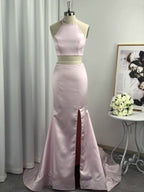 A-Line Halter Sleeveless With Ruffles Satin Two Piece Prom Dresses