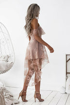 A-Line High Low Blush Sleeveless Lace Homecoming Dress