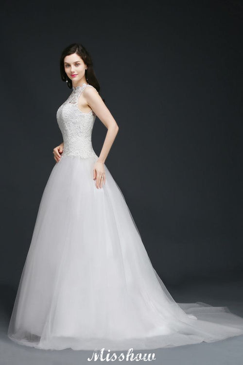 Abito da sposa delicato a linea ad A con collo alto