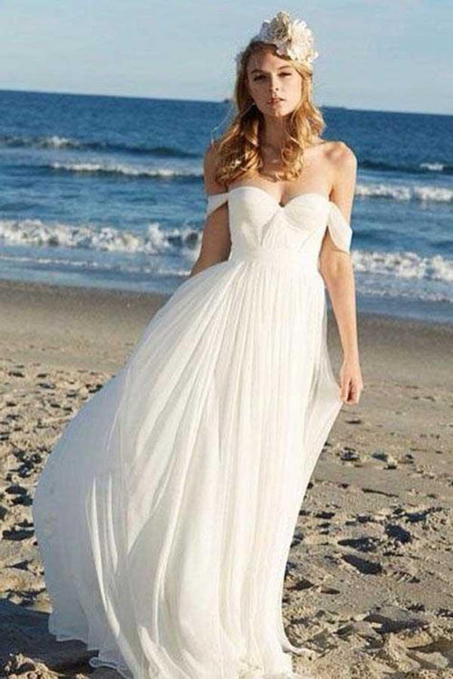 Abito da sposa estivo da spiaggia in chiffon avorio a linea ad A con spalle scoperte