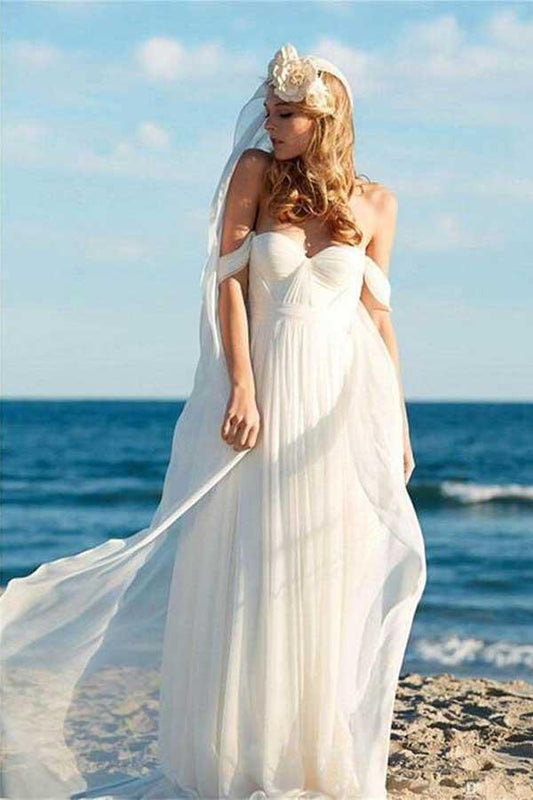 A-Linie Elfenbein Chiffon Off the Shoulder Sommer Strand Brautkleider