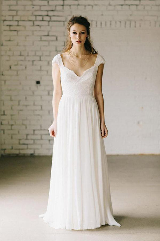 Robe de mariée vintage en mousseline de soie à manches courtes et dentelle ivoire A-Line WD069