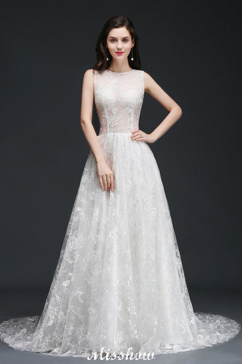 Vestidos de Noiva Simples em Renda com Comboio Corte em A e Botões, Estilo Joia Court