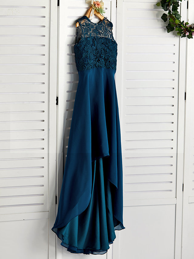 Robe de demoiselle d'honneur junior asymétrique en mousseline de soie et dentelle à col en V