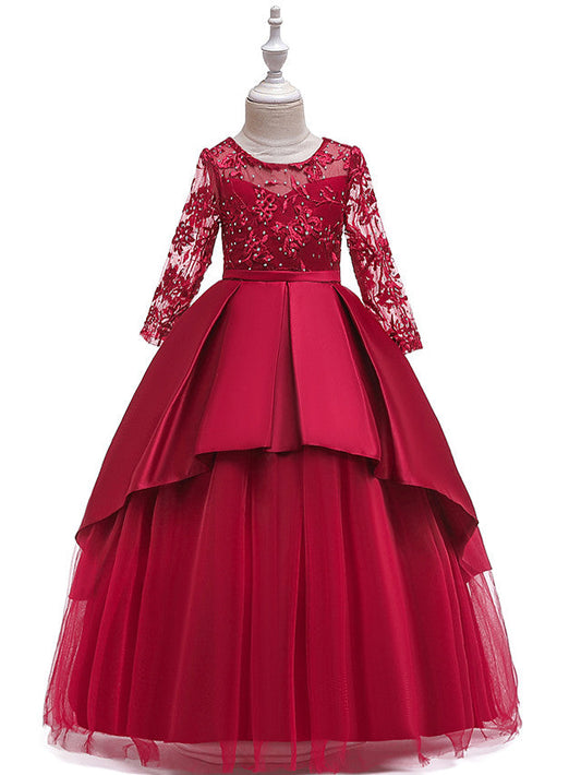 Vestidos de daminha de honra com decote em A e mangas, para casamento, formal, concurso de noite, florista