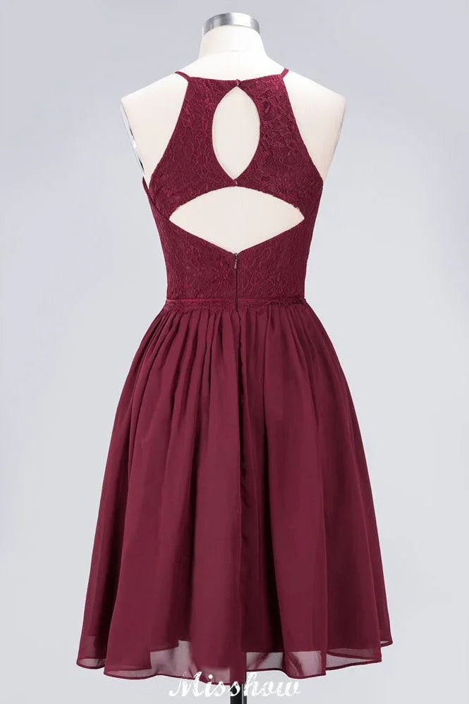 Abito da damigella d'onore senza maniche a linea ad A, lunghezza al ginocchio, con volant in chiffon e pizzo, abito da festa