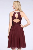 Abito da damigella d'onore senza maniche a linea ad A, lunghezza al ginocchio, con volant in chiffon e pizzo, abito da festa