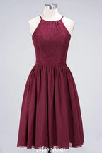 Abito da damigella d'onore senza maniche a linea ad A, lunghezza al ginocchio, con volant in chiffon e pizzo, abito da festa