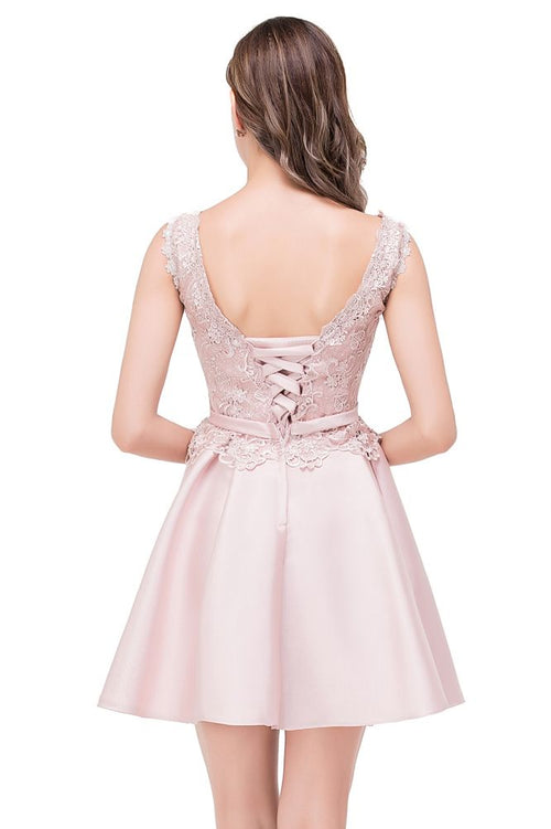 Vestido de cetim para baile de finalistas, corte evasê, comprimento até ao joelho, com renda