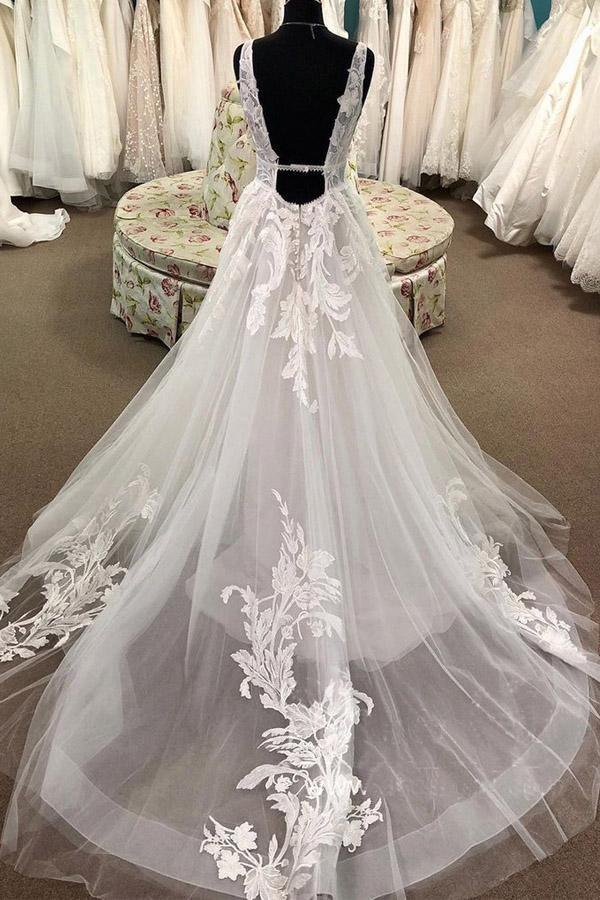 A Line Lace Appliqued Bridal Gown Deep V Neck Court Train Wedding Dress