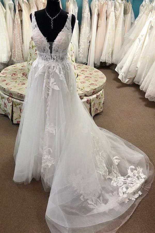 A Line Lace Appliqued Bridal Gown Deep V Neck Court Train Wedding Dress