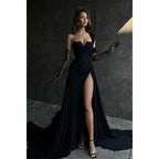 Vestido largo negro formal de gala con abertura alta y apliques de encaje en línea A Numbersea