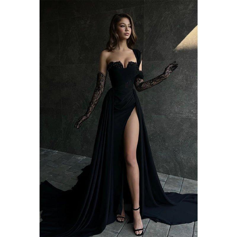 Vestido largo negro formal de gala con abertura alta y apliques de encaje en línea A Numbersea