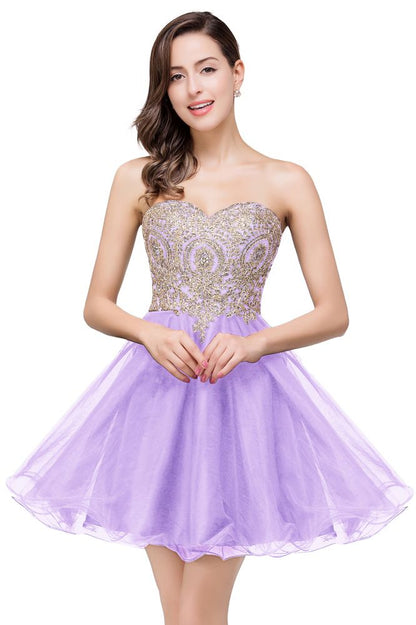 Vestidos de fiesta cortos con escote en forma de corazón y apliques de encaje en línea A