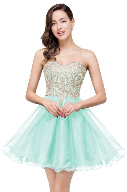 Vestidos de fiesta cortos con escote en forma de corazón y apliques de encaje en línea A