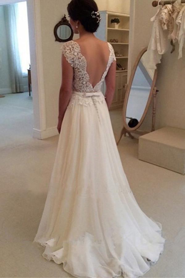A-line Lace Top Backless Long Beach Wedding Dress Ball Gowns