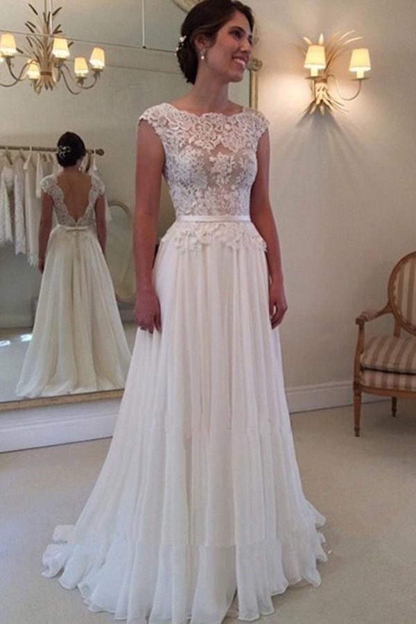 A-line Lace Top Backless Long Beach Wedding Dress Ball Gowns