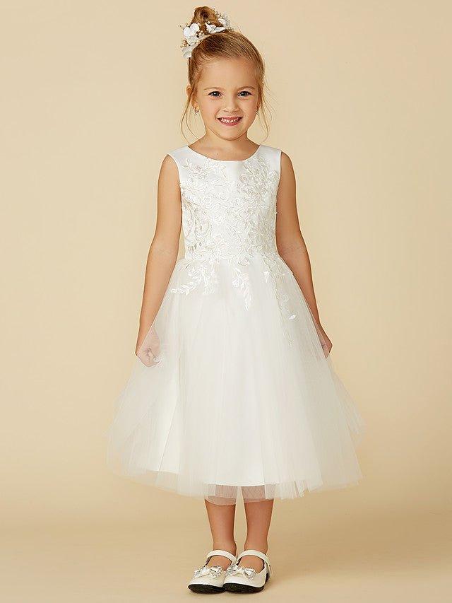 NumberSea - A - Line Lace Tulle Sleeveless Jewel Neck Wedding First Communion Flower Girl Dresses