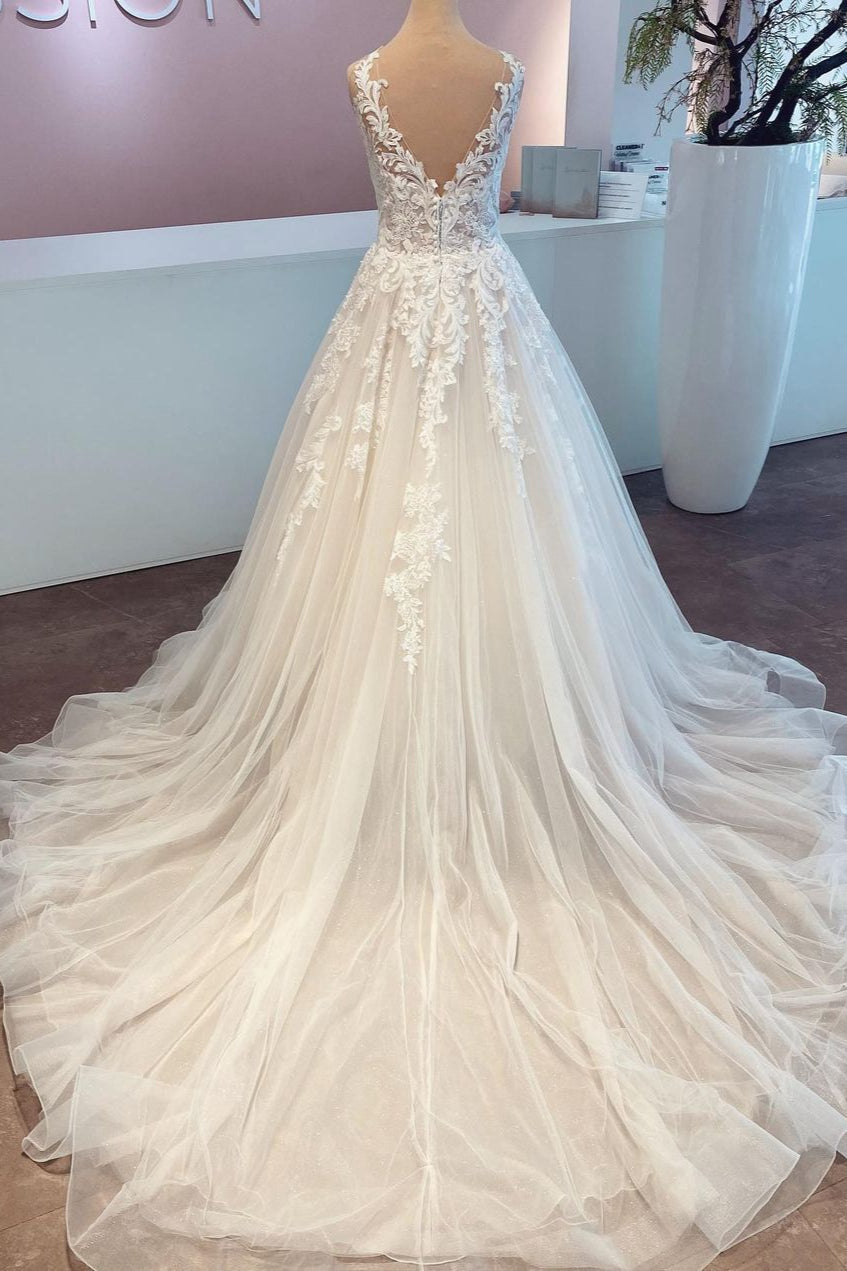 A Line Lace Wedding Dress Sleeveless Long Gown V Neck Chapel Train
