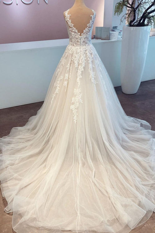 A Line Lace Wedding Dress Sleeveless Long Gown V Neck Chapel Train