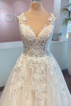 A Line Lace Wedding Dress Sleeveless Long Gown V Neck Chapel Train